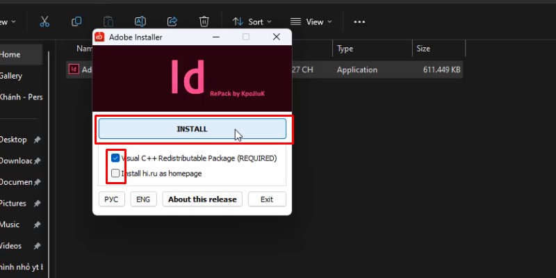 tích như hình và bấm Install
